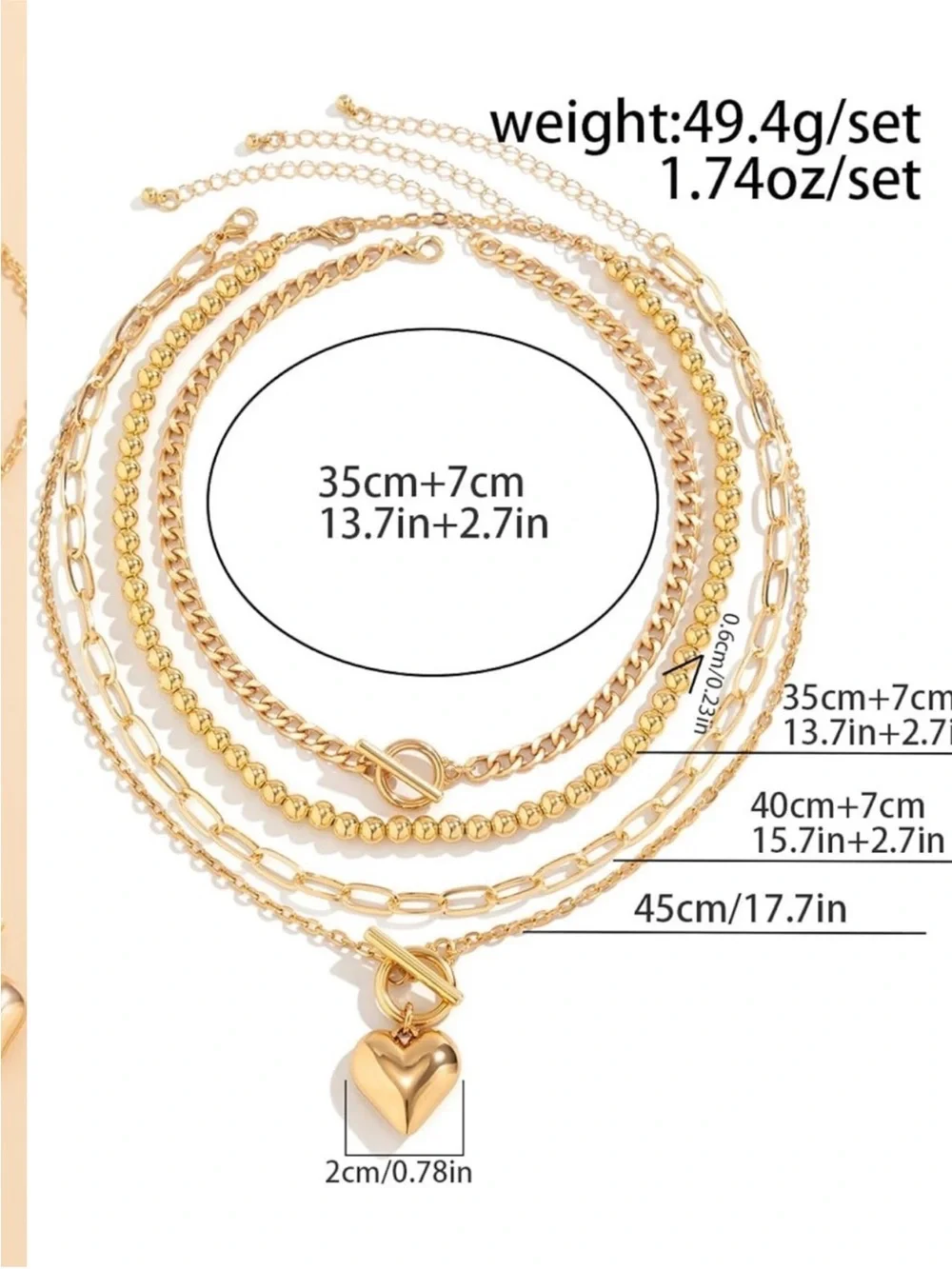 24k Gold Plated Layered Gold Heart Charm Necklace new